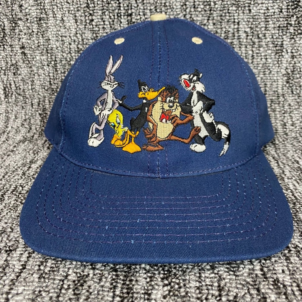 VTG 1991 Looney Tunes Acme Clothing Snapback Hat Made in USA Bugs Daffy Taz Navy